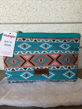 Wrangler Teal Aztec Zip Cosmetic Pouch with Tan Accents
